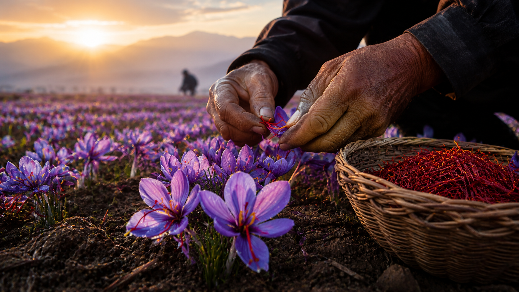 Saffron crocus flowers harvested by hand in Iran