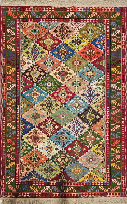 Iranian Sumak Wool Kilim | 145×105 cm – Multicolored Geometric Design
