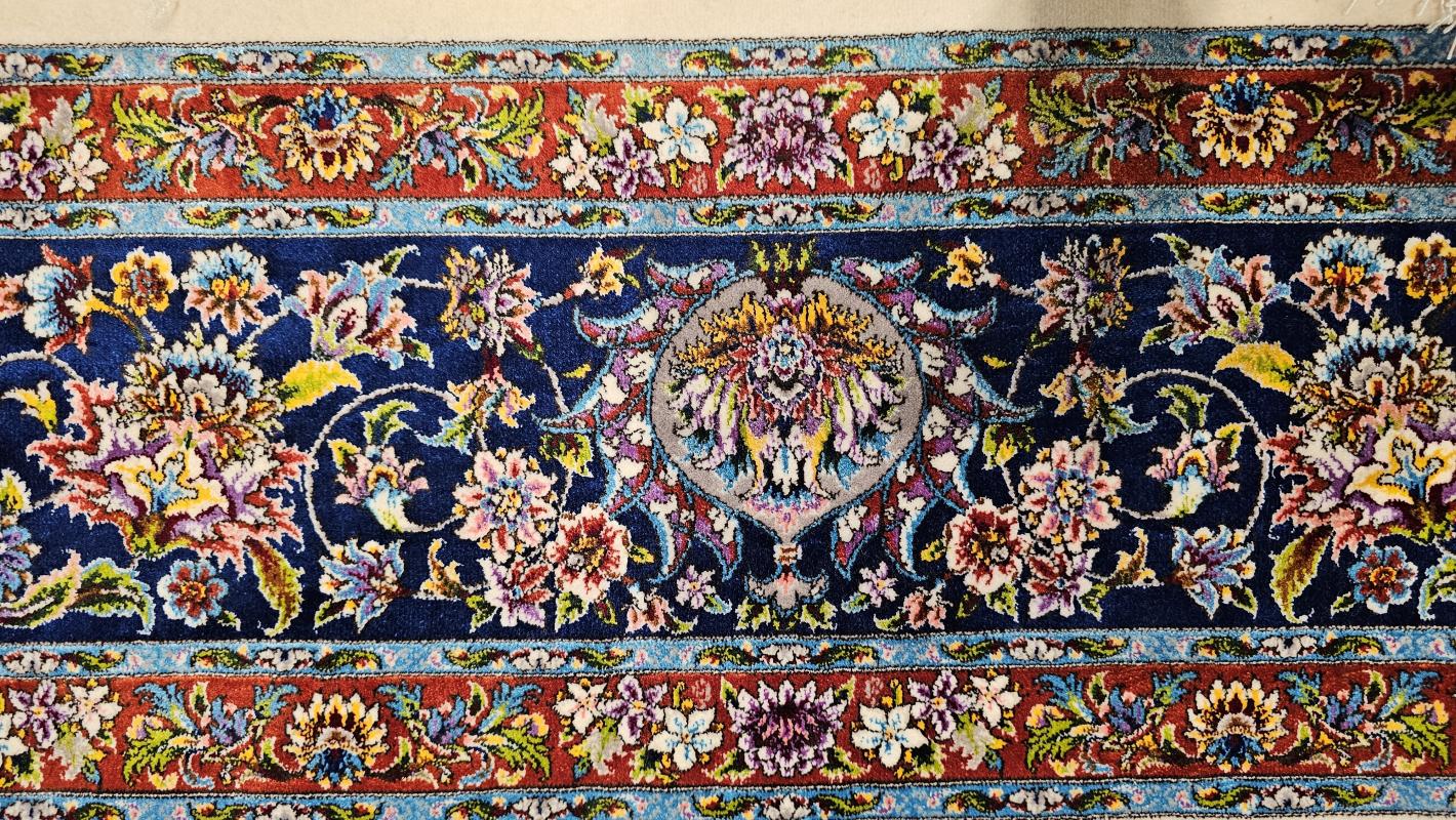 Iran Machine-Made Silk & Wool Carpet (200x300 cm) – Cream Background with Navy Border