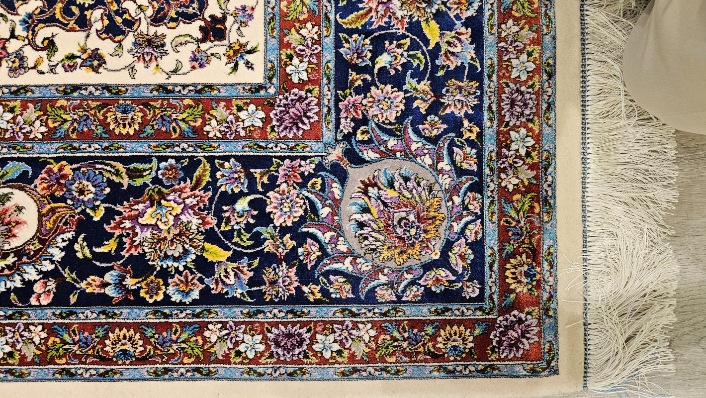 Iran Machine-Made Silk & Wool Carpet (200x300 cm) – Cream Background with Navy Border