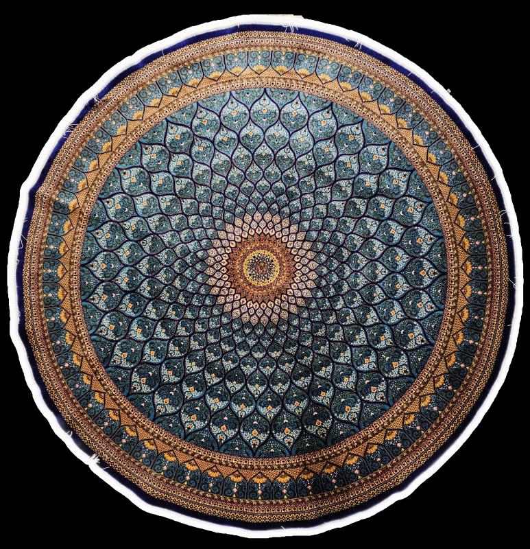Round Persian Machine-Made Silk Carpet – Blue and Gold Dome Design (Ø200 cm)