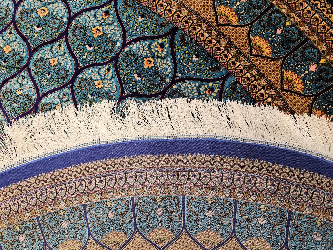 Round Persian Machine-Made Silk Carpet – Blue and Gold Dome Design (Ø200 cm)