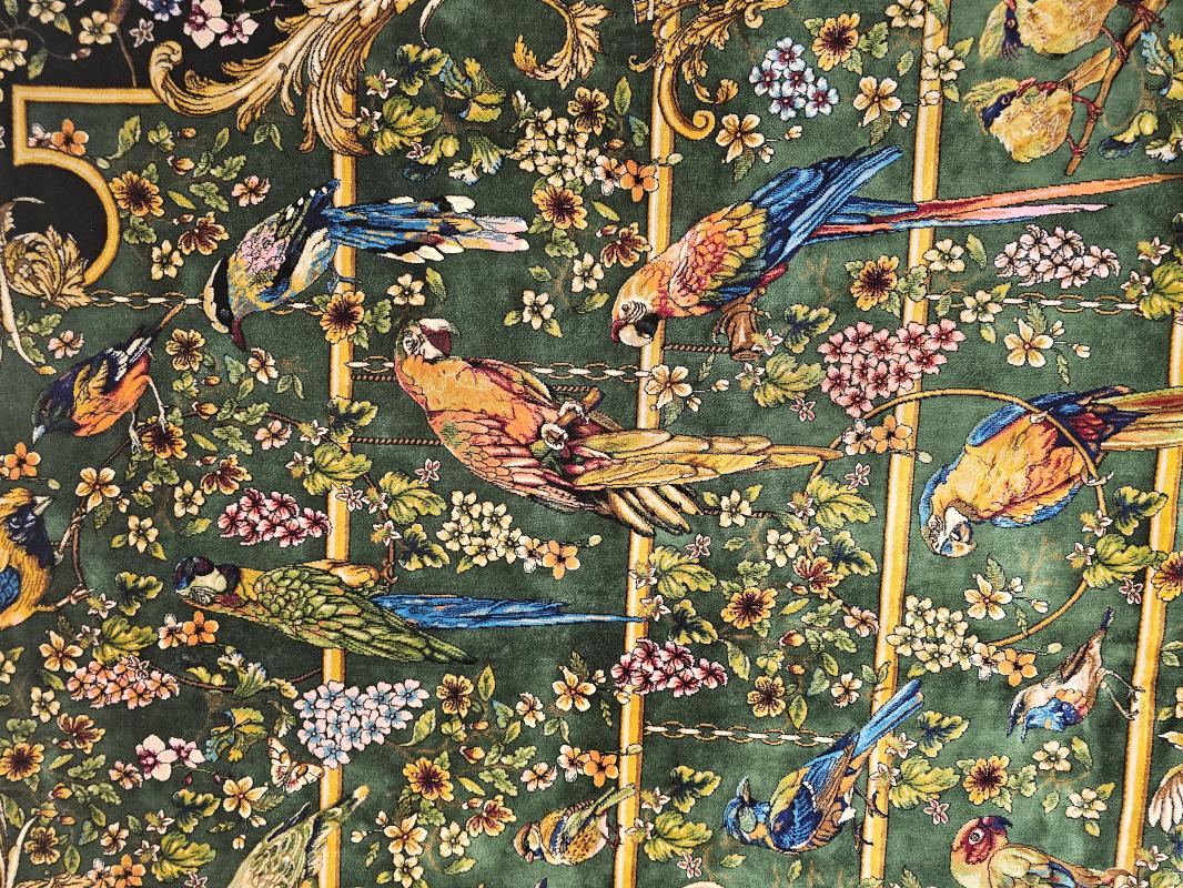 Machine-Made Silk Carpet – Bird & Flower Design (Gol-o-Morgh) – 150×225 cm
