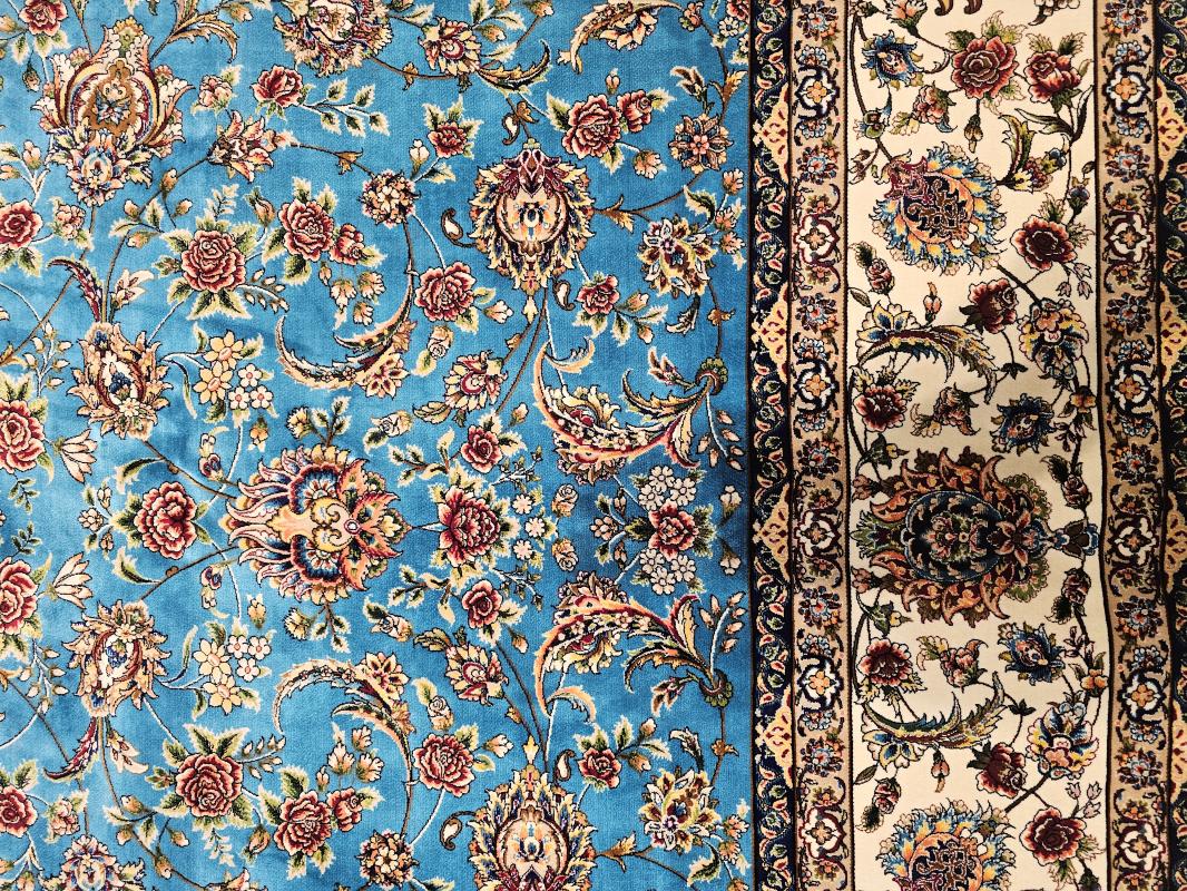 Silk-Look Machine Rug | 200×300 cm – Classic Floral Design (Turquoise Background)