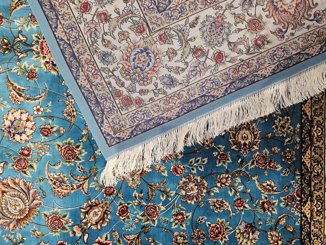 Silk-Look Machine Rug | 200×300 cm – Classic Floral Design (Turquoise Background)