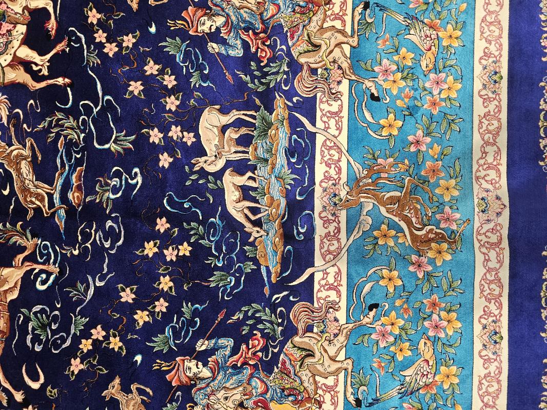 Silk-Look Machine Rug | 200×300 cm – Classic Hunting Scene Design (Navy Blue Background)