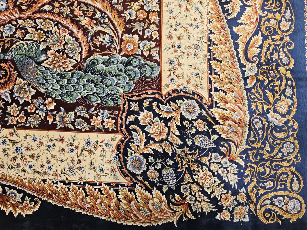 Silk-Look Machine Rug | 200×300 cm – Peacock and Garden Motif Classic Design (Navy Blue Background)
