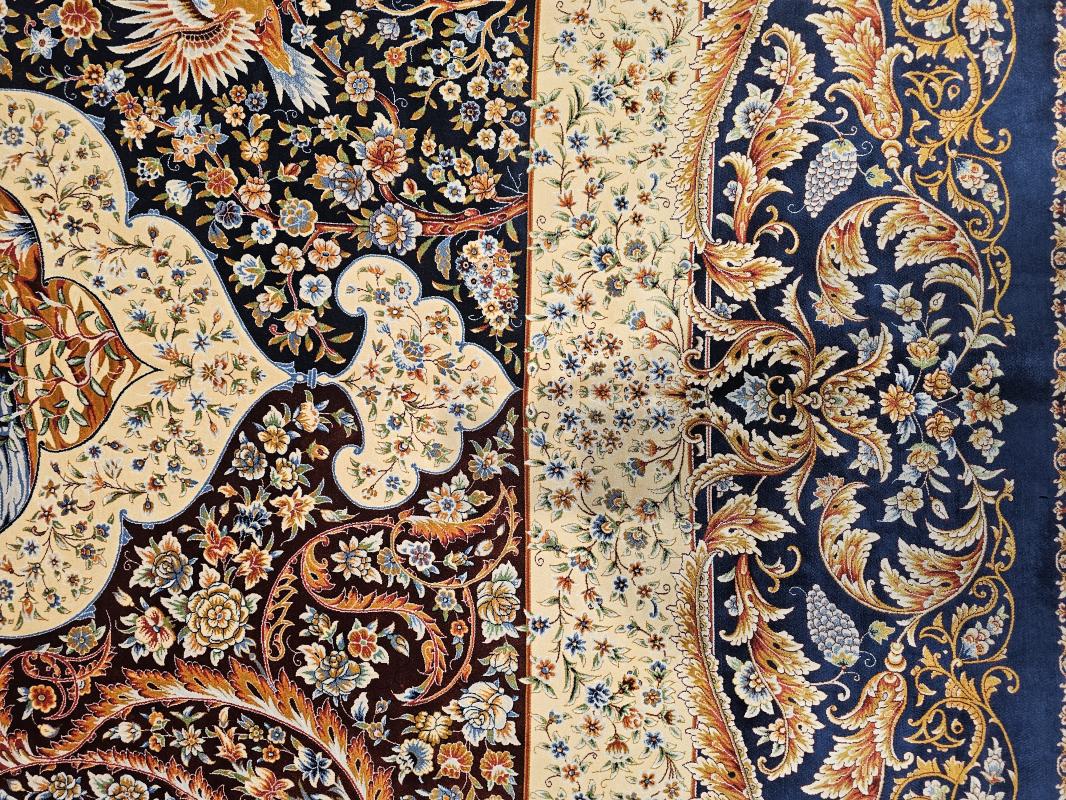 Silk-Look Machine Rug | 200×300 cm – Peacock and Garden Motif Classic Design (Navy Blue Background)