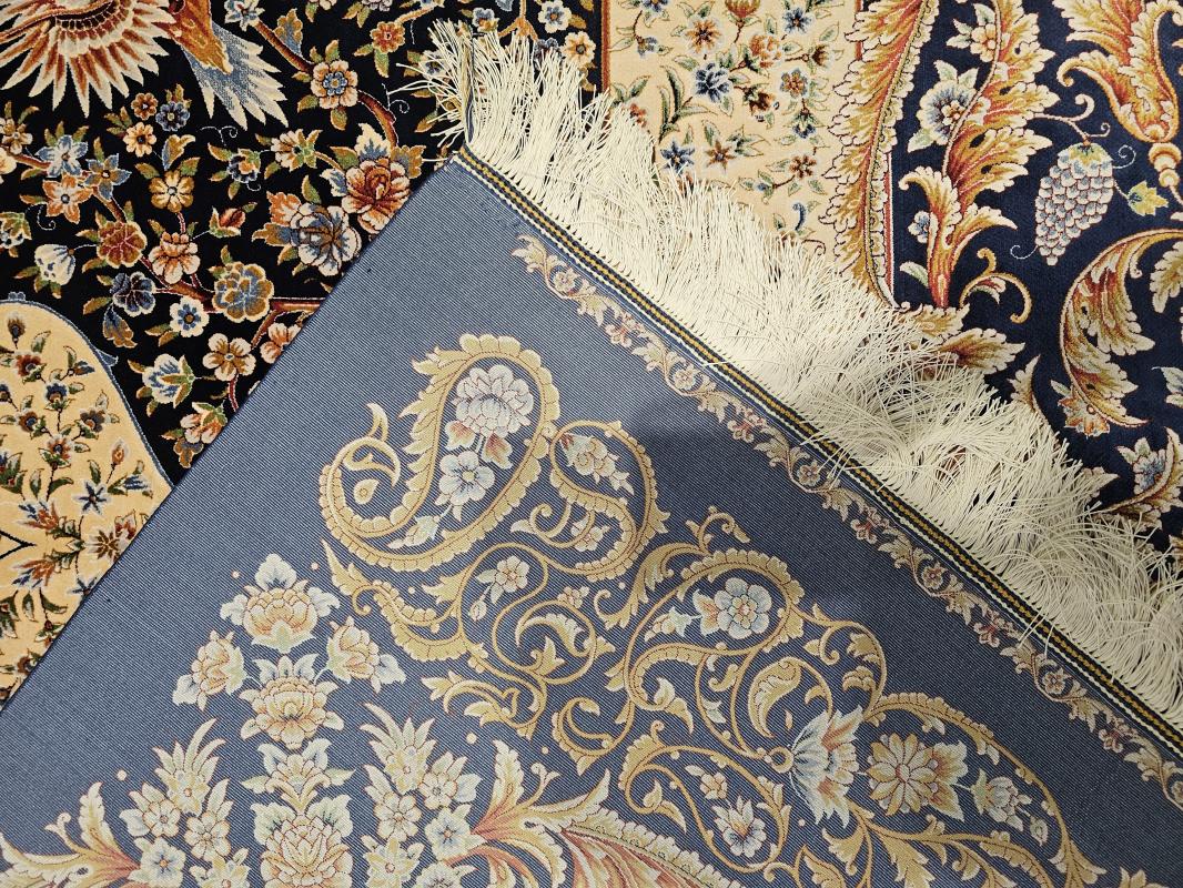 Silk-Look Machine Rug | 200×300 cm – Peacock and Garden Motif Classic Design (Navy Blue Background)