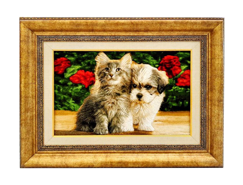 Iranian Handmade Tableau Rug (Cat & Dog) Size: ( 58cm × 38 cm )