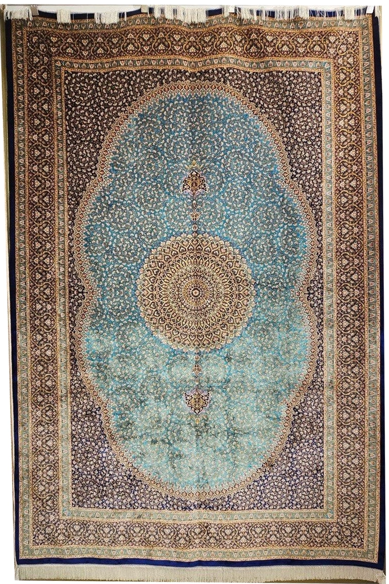 Iran Machine-Made Silk & Wool Carpet (200x300 cm) – Cream Background with Navy Border