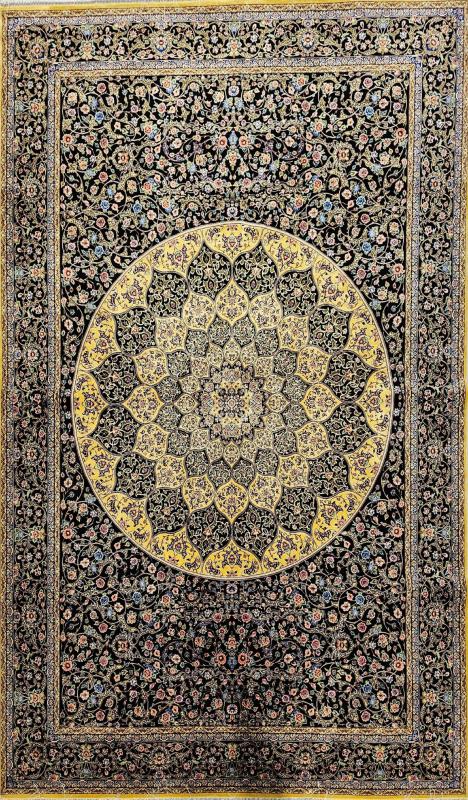 Persian Machine-Made Silk Carpet – Black and Gold Dome Medallion Design (200×300 cm)