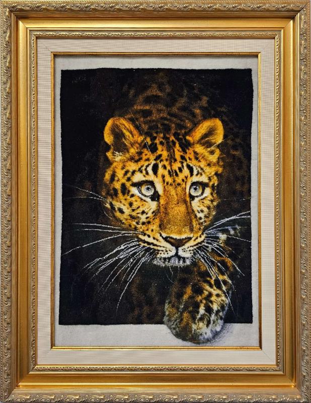 Iranian Handwoven Tapestry Rug | 51×68 cm – Leopard Design (Black Background)