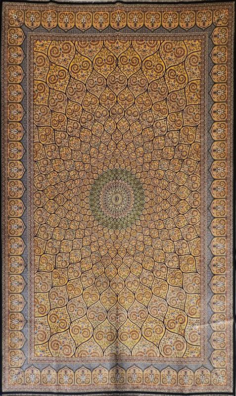 Silk-Look Machine Rug | 200×300 cm – Geometric Medallion Design (Golden Yellow Background)