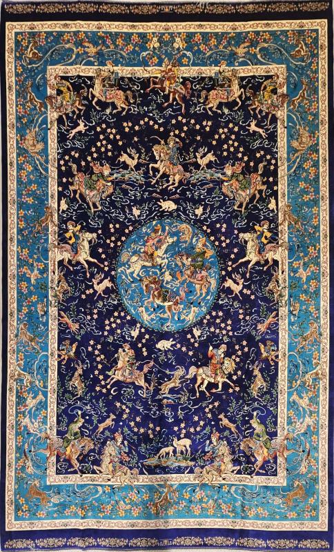 Silk-Look Machine Rug | 200×300 cm – Classic Hunting Scene Design (Navy Blue Background)