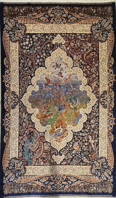 Silk-Look Machine Rug | 200×300 cm – Peacock and Garden Motif Classic Design (Navy Blue Background)