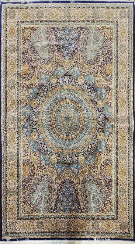 Silk-Look Machine Rug | 200×300 cm – Classic Palace Medallion Design (Navy & Turquoise)