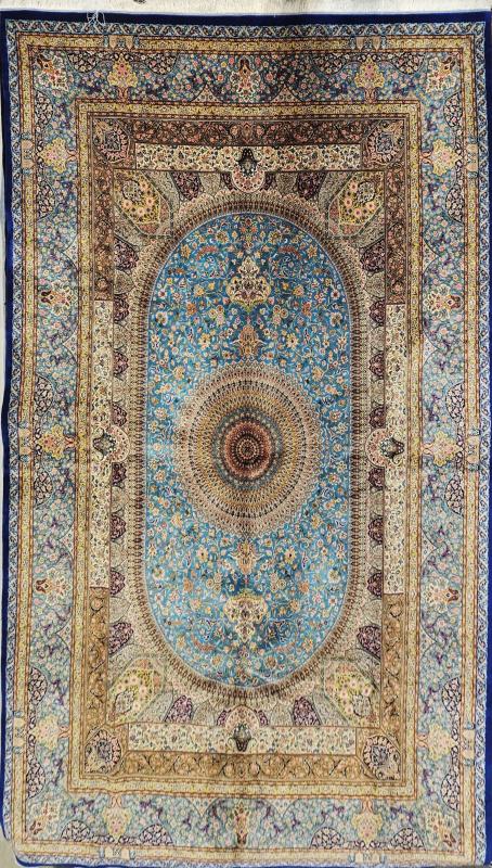 Silk-Look Machine Rug | 200×300 cm – Oval Medallion & Classic Mihrab Design (Turquoise Base)