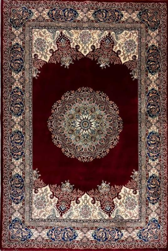 Iranian Machine-Made Silk Carpet – Burgundy Background with Central Medallion (120×180 cm)