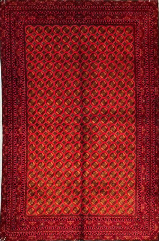 Iranian Machine-Made Silk Carpet – Afghan Design with Red Background (120×180 cm)