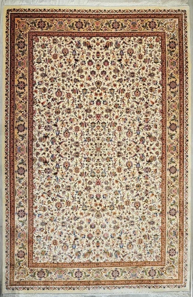 Iran Machine-Made Silk & Wool Carpet (200x300 cm) – Cream Background with Navy Border