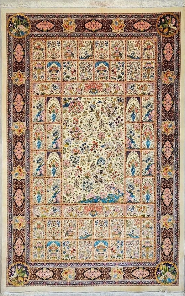 Iran Machine-Made Silk & Wool Carpet (200x300 cm) – Cream Background with Navy Border
