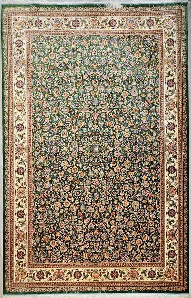 Iran Machine-Made Silk & Wool Carpet (200x300 cm) – Cream Background with Navy Border