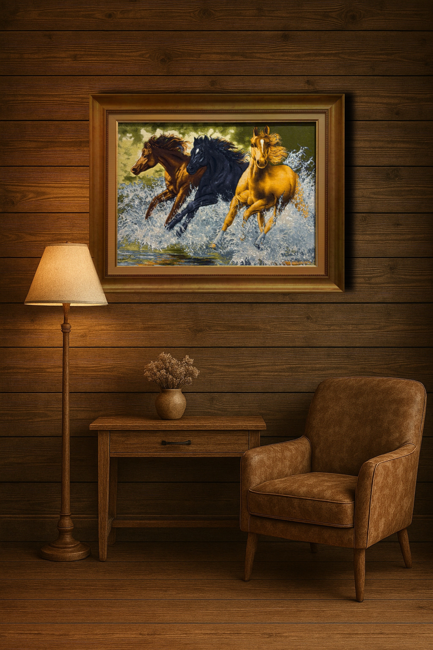 İran%20El%20Dokuması%20Tablo%20Halı%20(Vahşi%20Atlar) %20Ebat:%20(70%20X%2096)%20cm