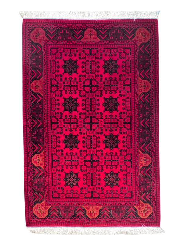 Iranian Machine-Made Silk Carpet – Afghan Design with Red Background (120×180 cm)
