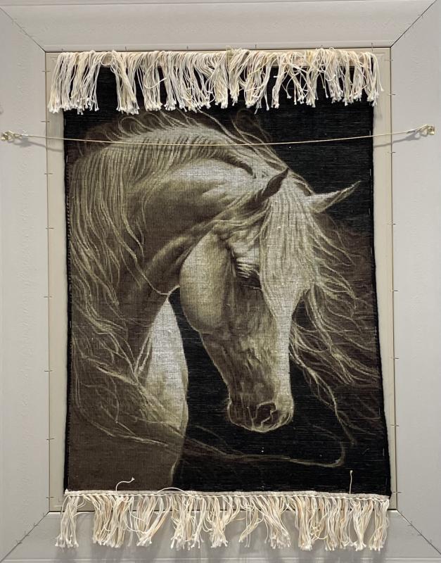 Luxury Handwoven Iranian Wall Carpet – White Horse | 49×70 cm | Wool & Silk | Made in Iran
