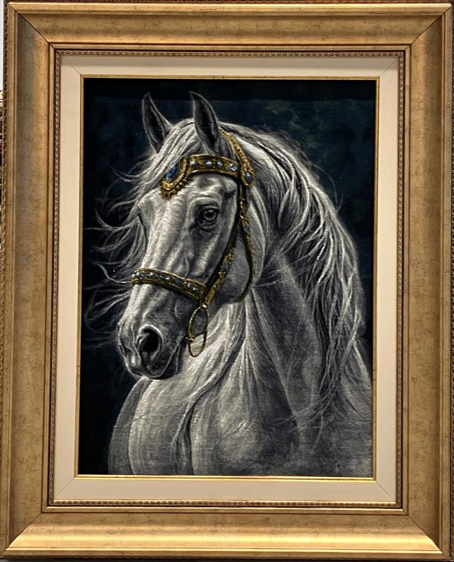Luxury Handwoven Iranian Wall Carpet – White Turquoise Horse | 50x69 cm | Wool & Silk | Made in Iran