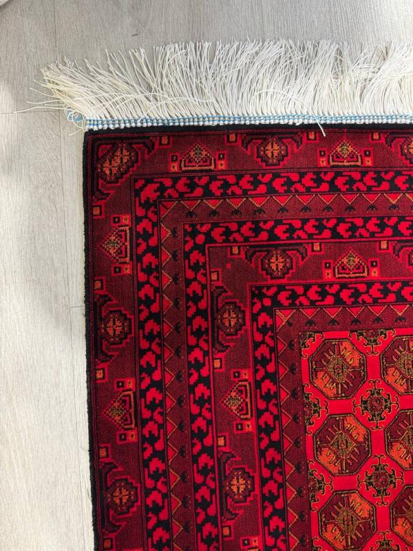 Iranian Machine-Made Silk Carpet – Afghan Design with Red Background (120×180 cm)