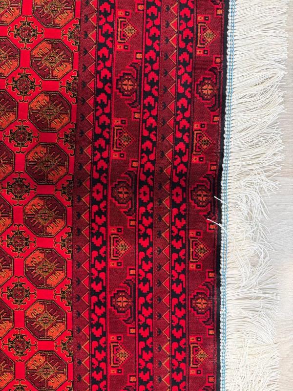 Iranian Machine-Made Silk Carpet – Afghan Design with Red Background (120×180 cm)