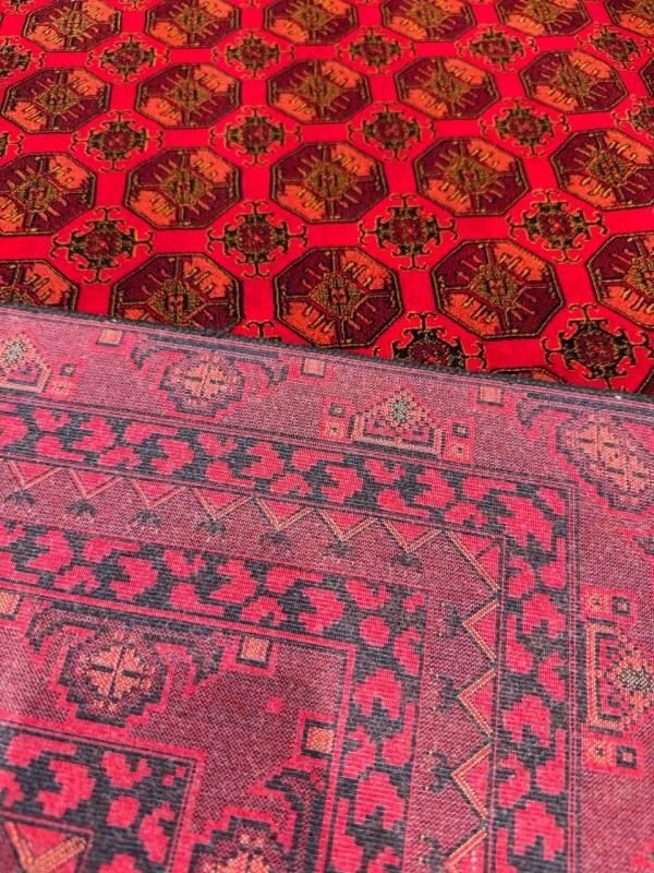 Iranian Machine-Made Silk Carpet – Afghan Design with Red Background (120×180 cm)