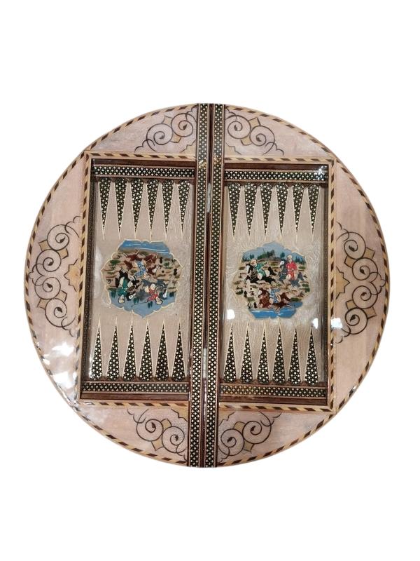 Handcrafted Khatam and Miniature Backgammon and Chess Set - Circle Diameter: 50 CM