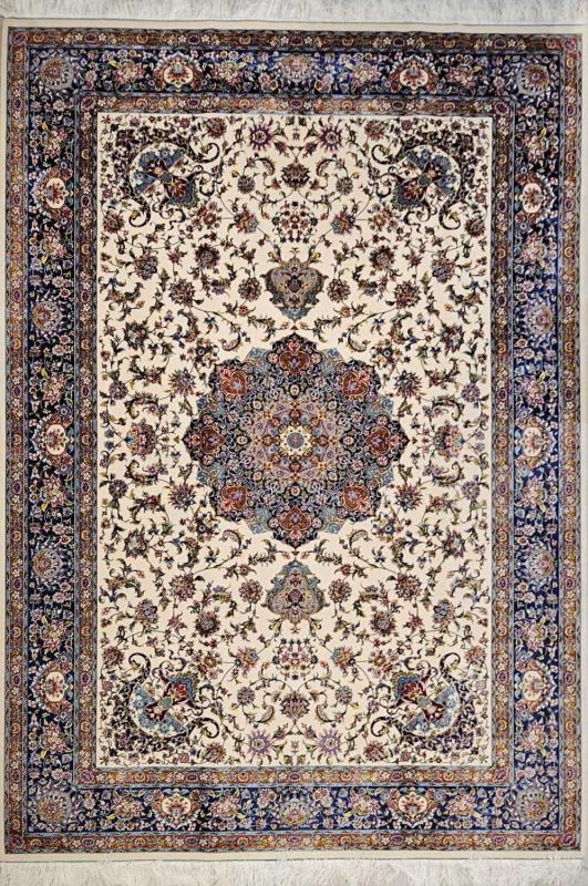 Iran Machine-Made Silk & Wool Carpet (200x300 cm) – Cream Background with Navy Border