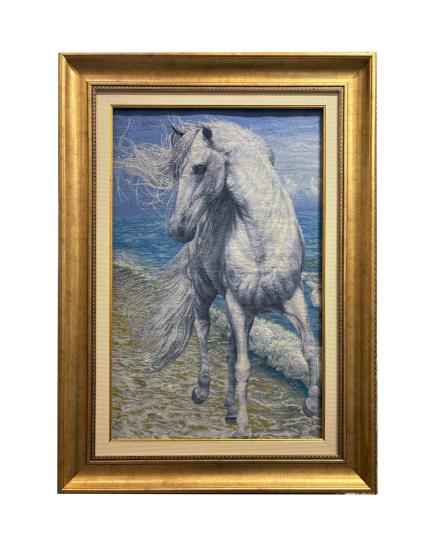 İran El Dokuması Tablo Halı (Beyaz  At) Ebat: (55 X 86) cm