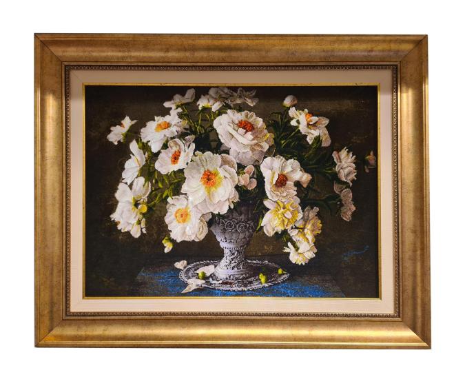 İran El Dokuması Tablo Halı (Beyaz Çiçekler) Ebat: (57 x 82) cm