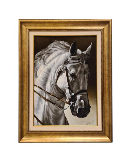 İran El Dokuması Tablo Halı (Beyaz  At) Ebat: (57 X 76) cm