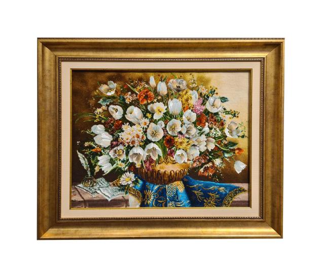 İran El Dokuması Tablo Halı (Çiçekler) Ebat: (60 x 72) cm
