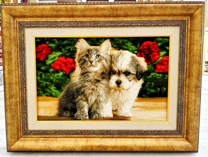 İran El Dokuması Tablo Halı (Kedi & Köpek) Ebat: C