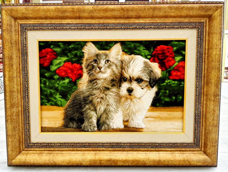 İran El Dokuması Tablo Halı (Kedi & Köpek) Ebat: (58cm x 38cm)