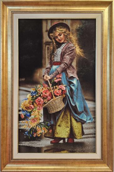 İran El Dokuma Tablo Halı | Çiçekçi Kız Deseni | Ebrisem Gallery