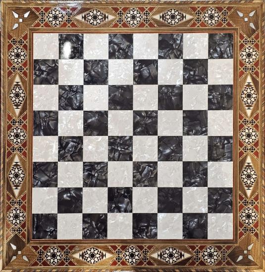 Sedef İşleme Çekmeceli Satranç Takımı 50×50 cm – El Yapımı Lüks Tasarım