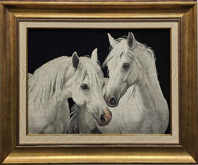 İkili Beyaz At | İran El Dokuma Yün & İpek Tablo Halı (71×51cm)