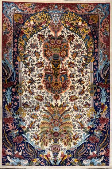 Kuş ve Çiçek Bahçesi Motifli İran İpek Halı | 100×150 cm