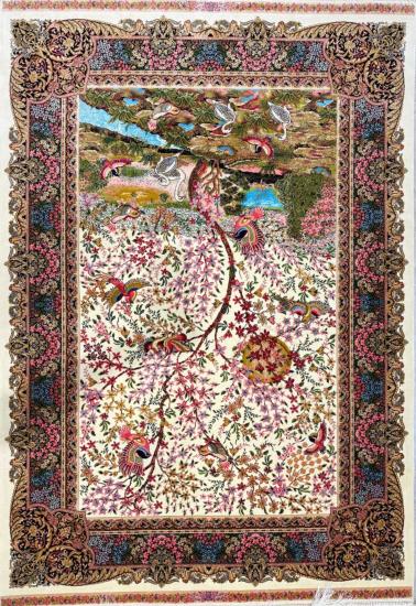 Kuş ve Bahçe Desenli İran İpek Halı | 100×150 cm