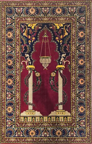 Makina İpek Seccade | Kırmızı Mihrab ve Sütun Deseni | EBRISEM Gallery