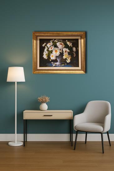İran El Dokuması Tablo Halı (Beyaz Çiçekler) Ebat: (57 x 82) cm