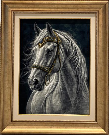 EBRISEM | Beyaz Firuze At El Dokuma İran Tablo Halısı 50x69 cm